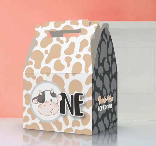 Cow One, 1st birthday, cute cow, cow pattern, Thank moo, farm, Favor Box