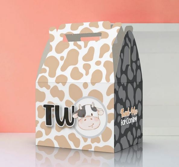 Cow TWO, 2nd birthday, cute cow, cow pattern, Thank moo, farm, Favor Box
