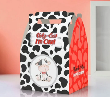 Holy Cow I'm One, 1st birthday, cute cow, cow pattern, Thank moo, farm, Favor Box