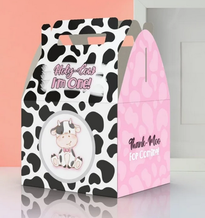 Holy Cow I'm One, 1st birthday, cute cow, cow pattern, Thank moo, farm, Favor Box