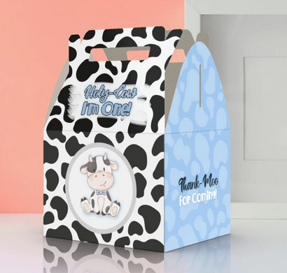 Holy Cow I'm One, 1st birthday, cute cow, cow pattern, Thank moo, farm, Favor Box
