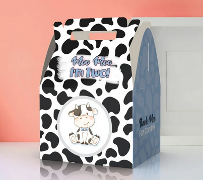 Moo Moo I'm TWO, 2nd birthday, cute cow, cow pattern, Thank moo, farm, Favor Box