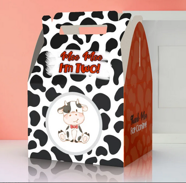 Moo Moo I'm TWO, 2nd birthday, cute cow, cow pattern, Thank moo, farm, Favor Box