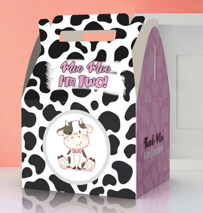 Moo Moo I'm TWO, 2nd birthday, cute cow, cow pattern, Thank moo, farm, Favor Box