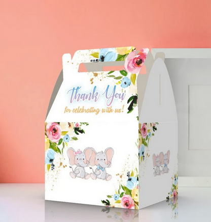 Caja Para Regalos Cumpleaños de gemelos elefante o baby shower, colorido, revelación de género