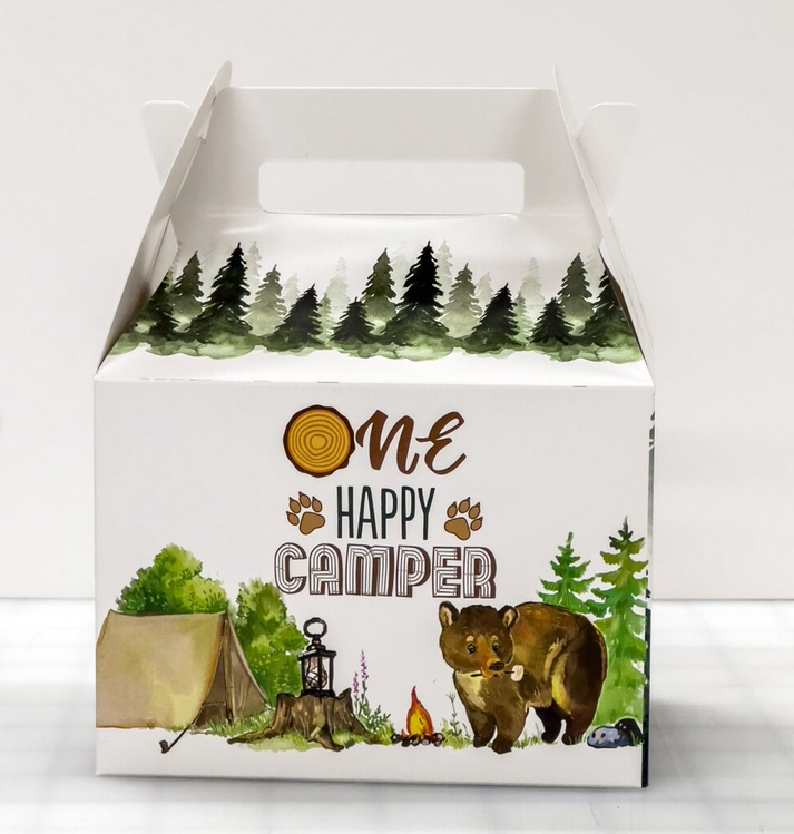 ONE Happy Camper, 1st Birthday, Camping, Woodland Favor Box