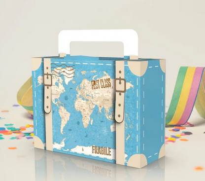 Caja para regalos Maleta azul con mapa vintage