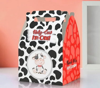 Holy Cow I'm One, 1st birthday, cute cow, cow pattern, Thank moo, farm,  Favor Box