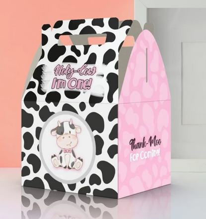 Holy Cow I'm One, 1st birthday, cute cow, cow pattern, Thank moo, farm,  Favor Box