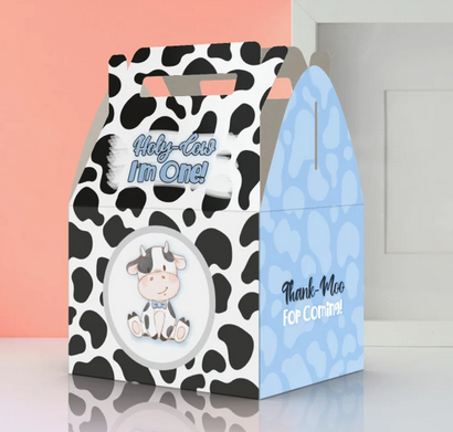 Holy Cow I'm One, 1st birthday, cute cow, cow pattern, Thank moo, farm,  Favor Box