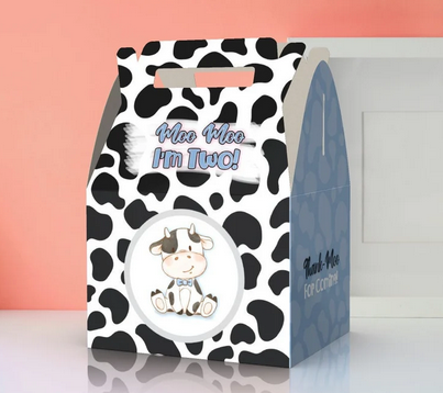 Moo Moo I'm TWO, 2nd birthday, cute cow, cow pattern, Thank moo, farm,  Favor Box