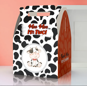 Moo Moo I'm TWO, 2nd birthday, cute cow, cow pattern, Thank moo, farm,  Favor Box