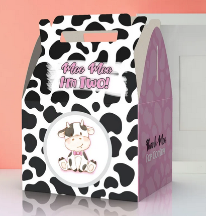 Moo Moo I'm TWO, 2nd birthday, cute cow, cow pattern, Thank moo, farm,  Favor Box