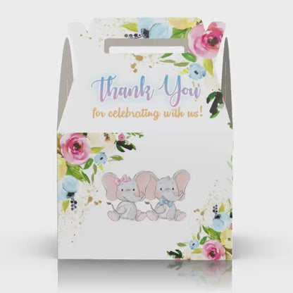 Caja Para Regalos Cumpleaños de gemelos elefante o baby shower, colorido, revelación de género